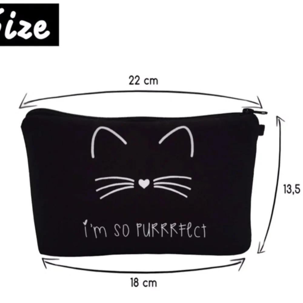 Adorable kitty Paws Off makeup bag in cool black and cream